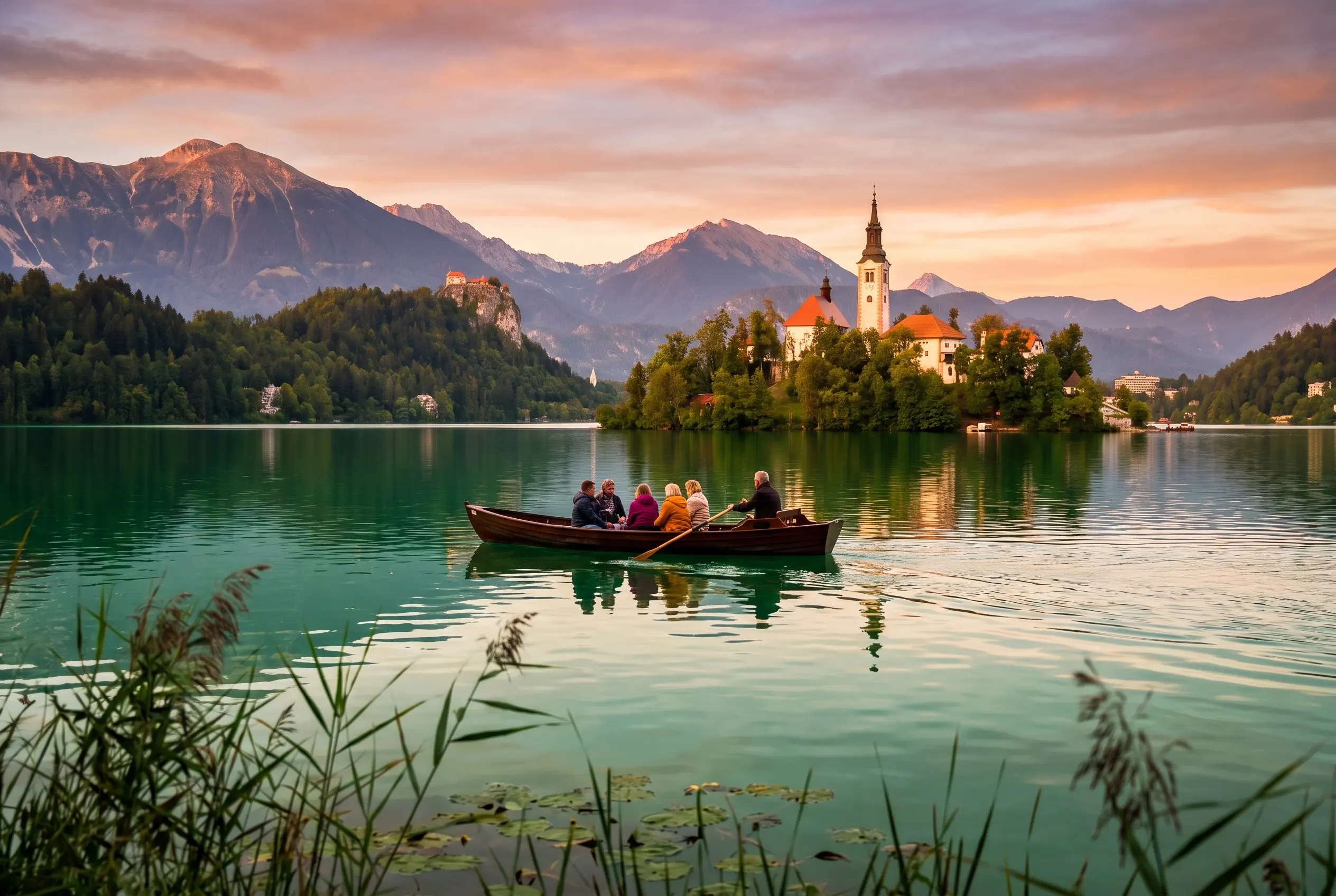 L’île de Bled et son église au milieu du lac, encadrée par les montagnes et le château perché sur la falaise