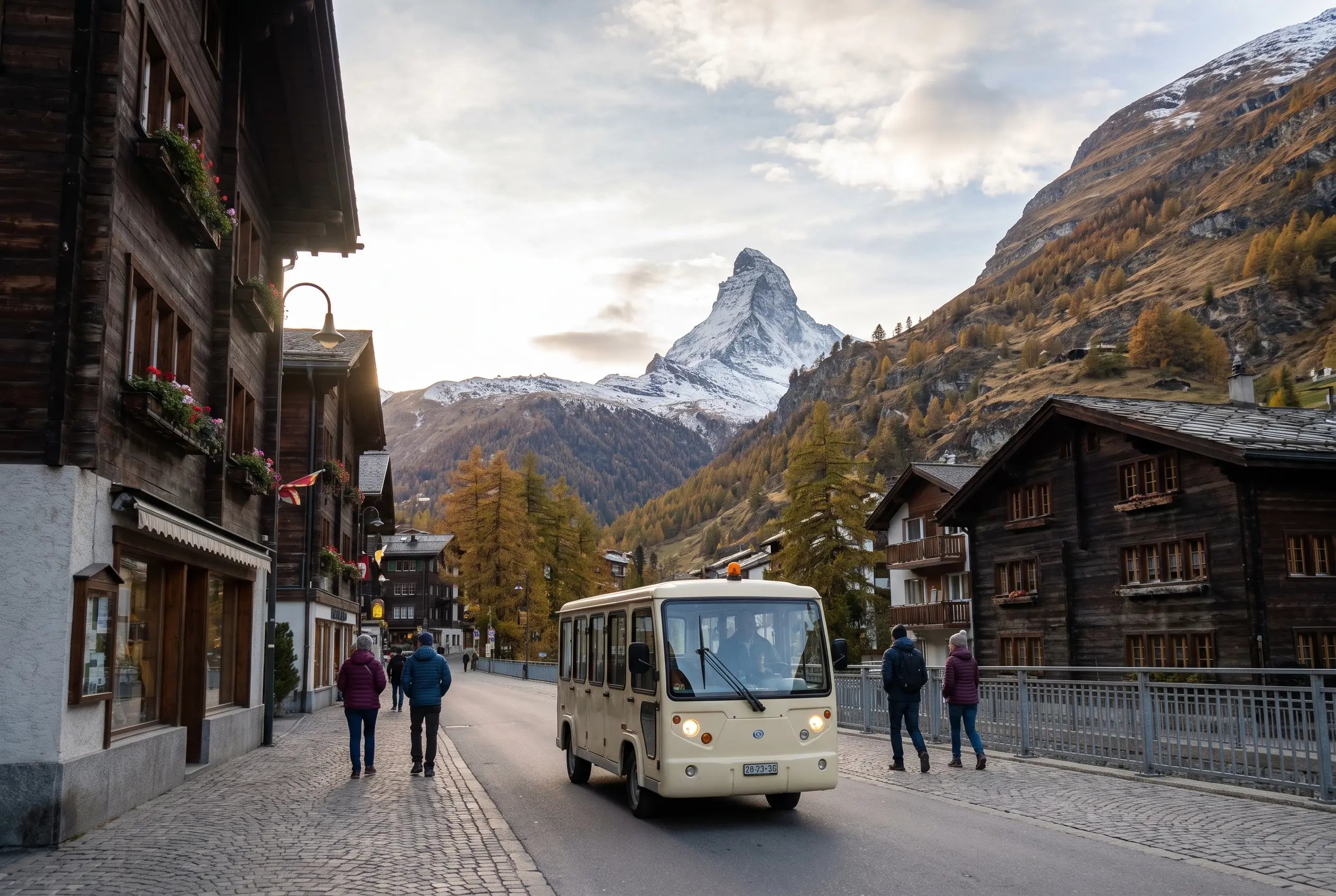 El pico del Matterhorn elevándose sobre el pueblo sin coches de Zermatt