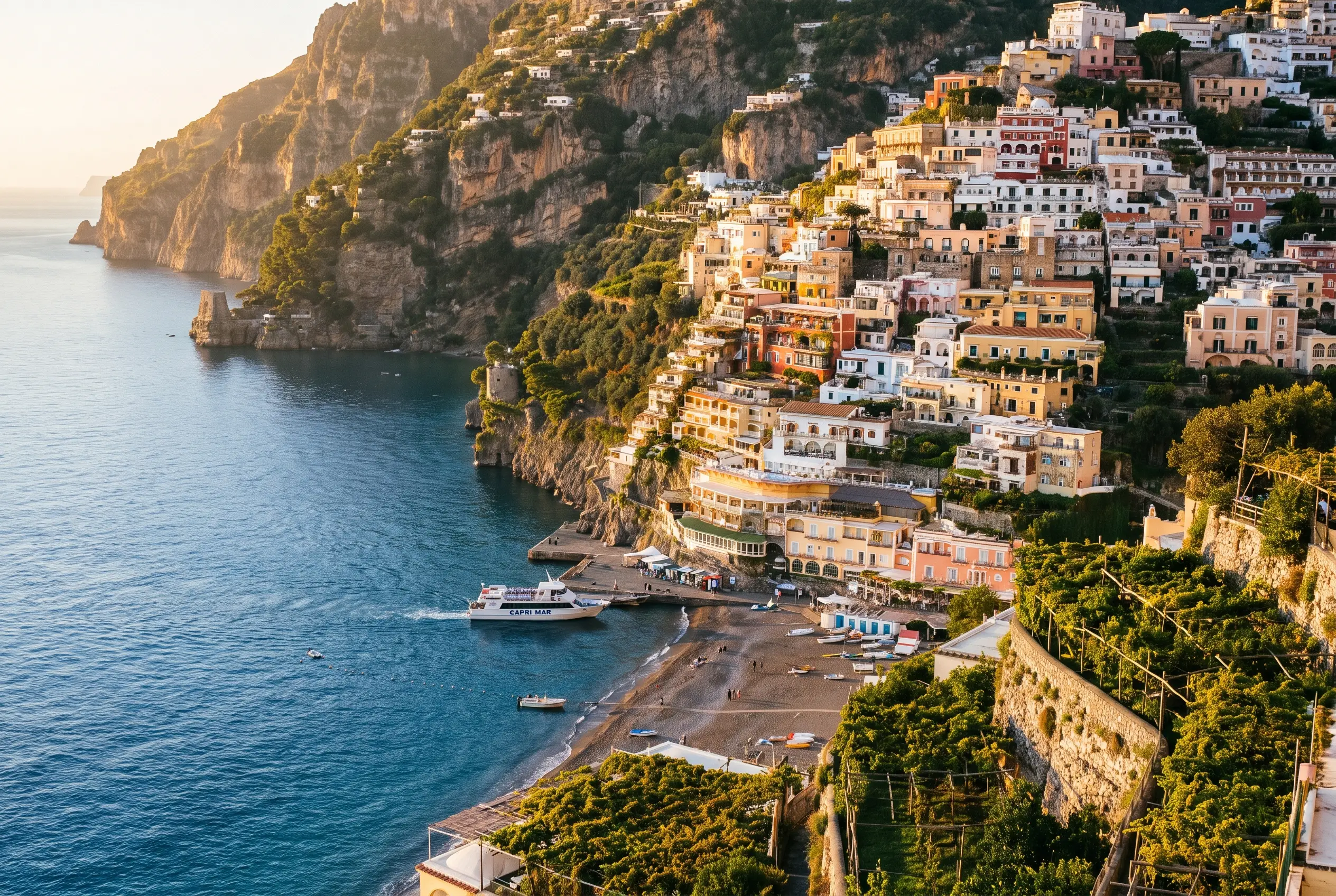 A SITA bus rounding a narrow switchback on the Amalfi Coast road above the sea