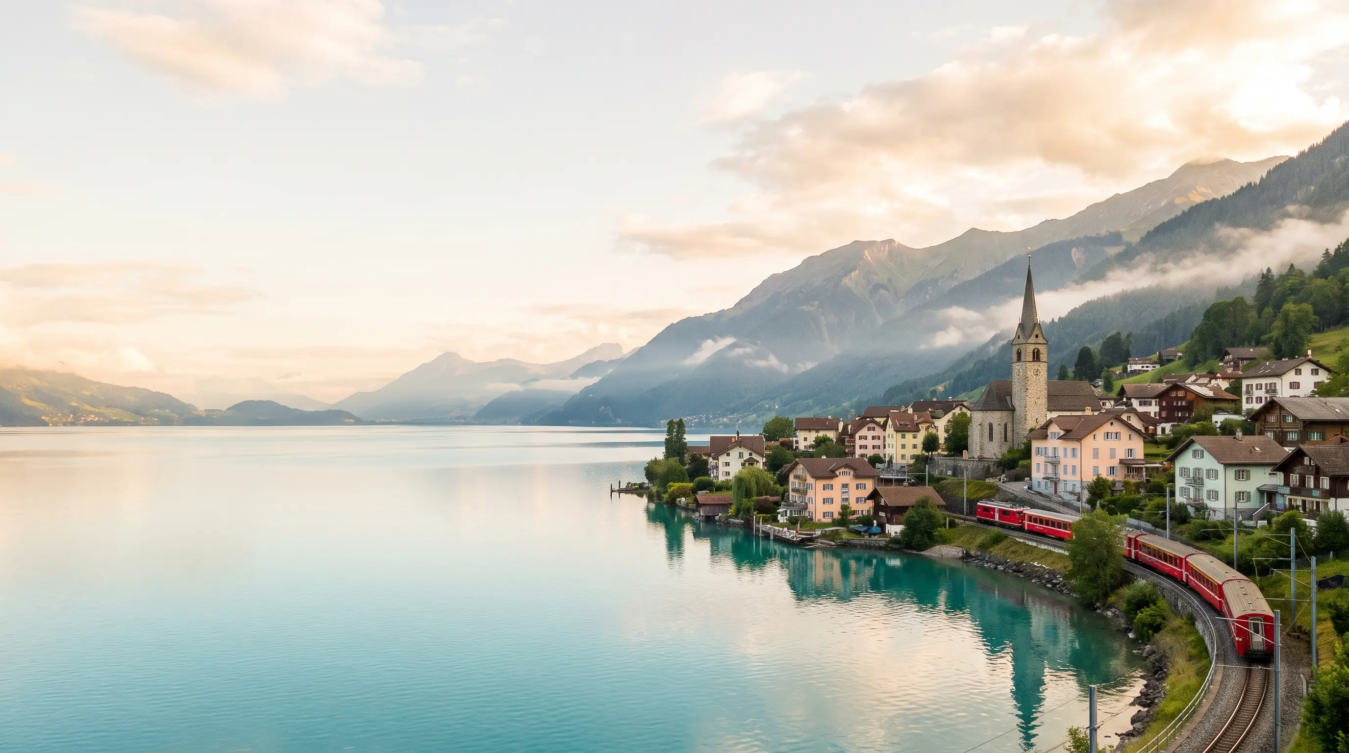 Un train rouge longeant la rive d'un lac alpin, près d'un village aux maisons pastel