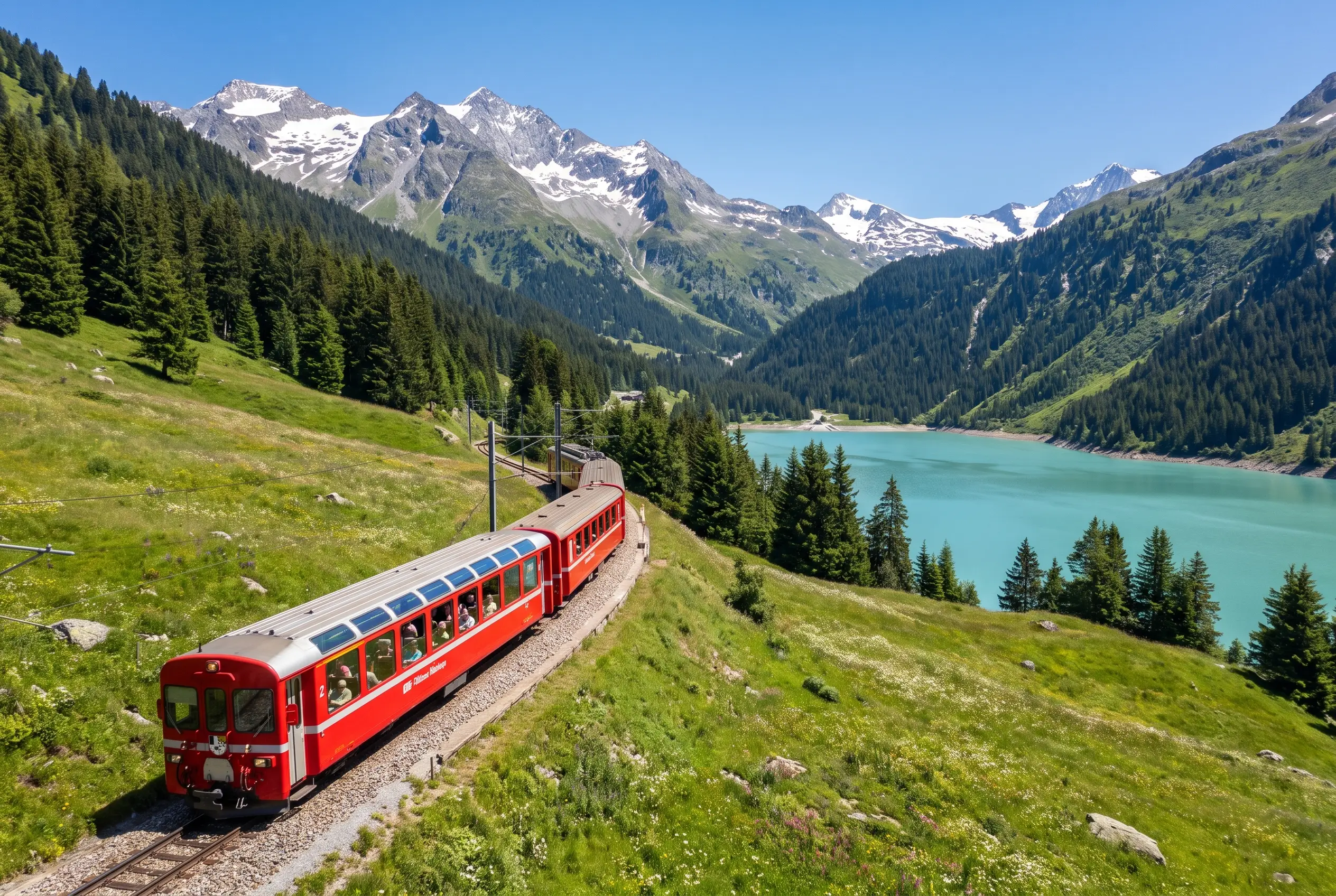 Un train panoramique rouge suisse traversant un viaduc, Alpes enneigées en arrière-plan