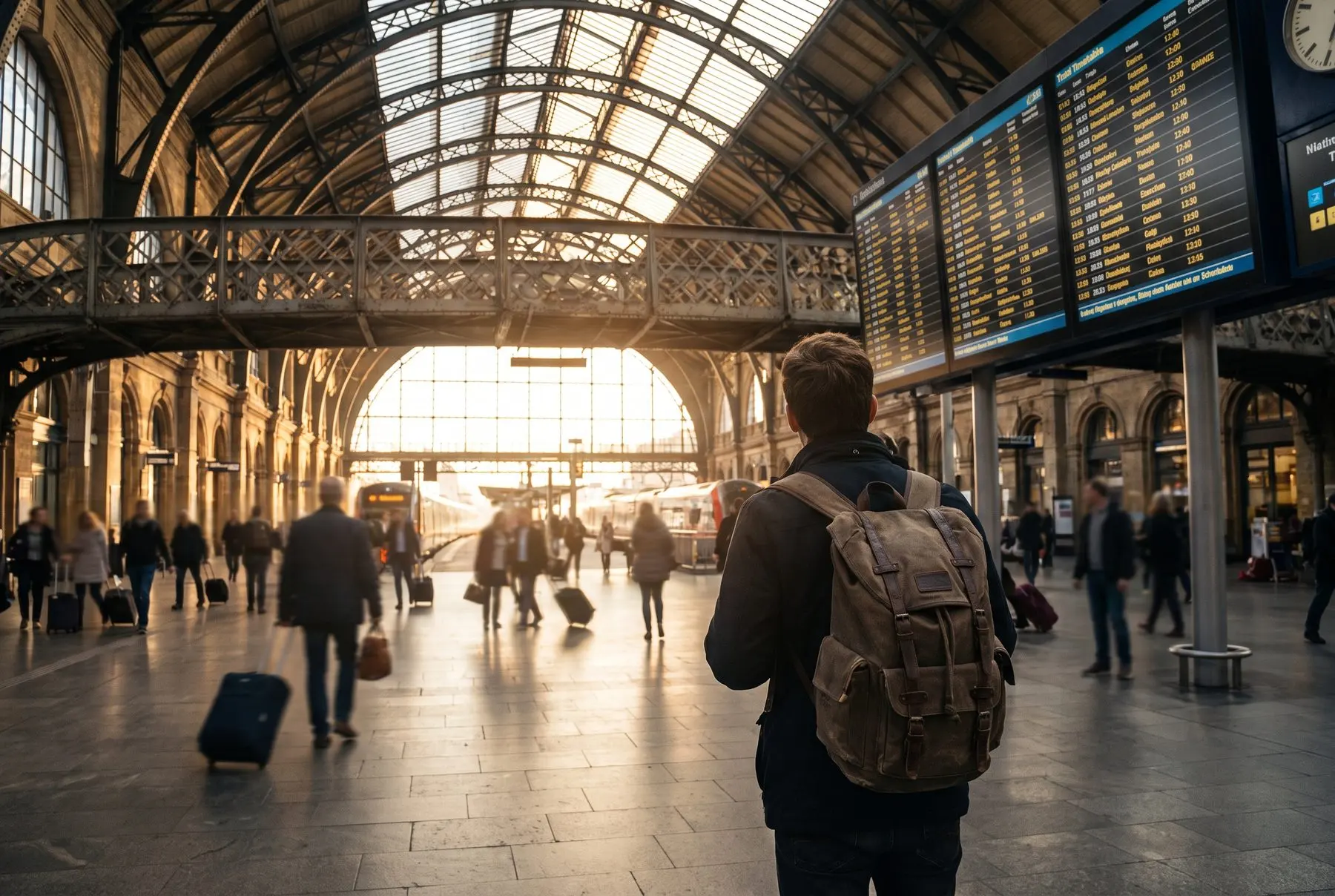 A traveller checking a phone at an empty platform after a departure board update