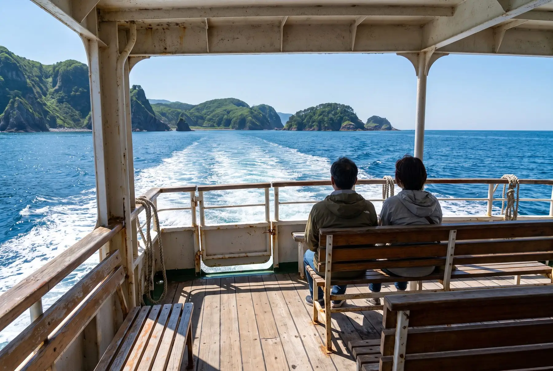Passageiros a pé embarcando em um pequeno ferry em um píer de pedra com bagagem