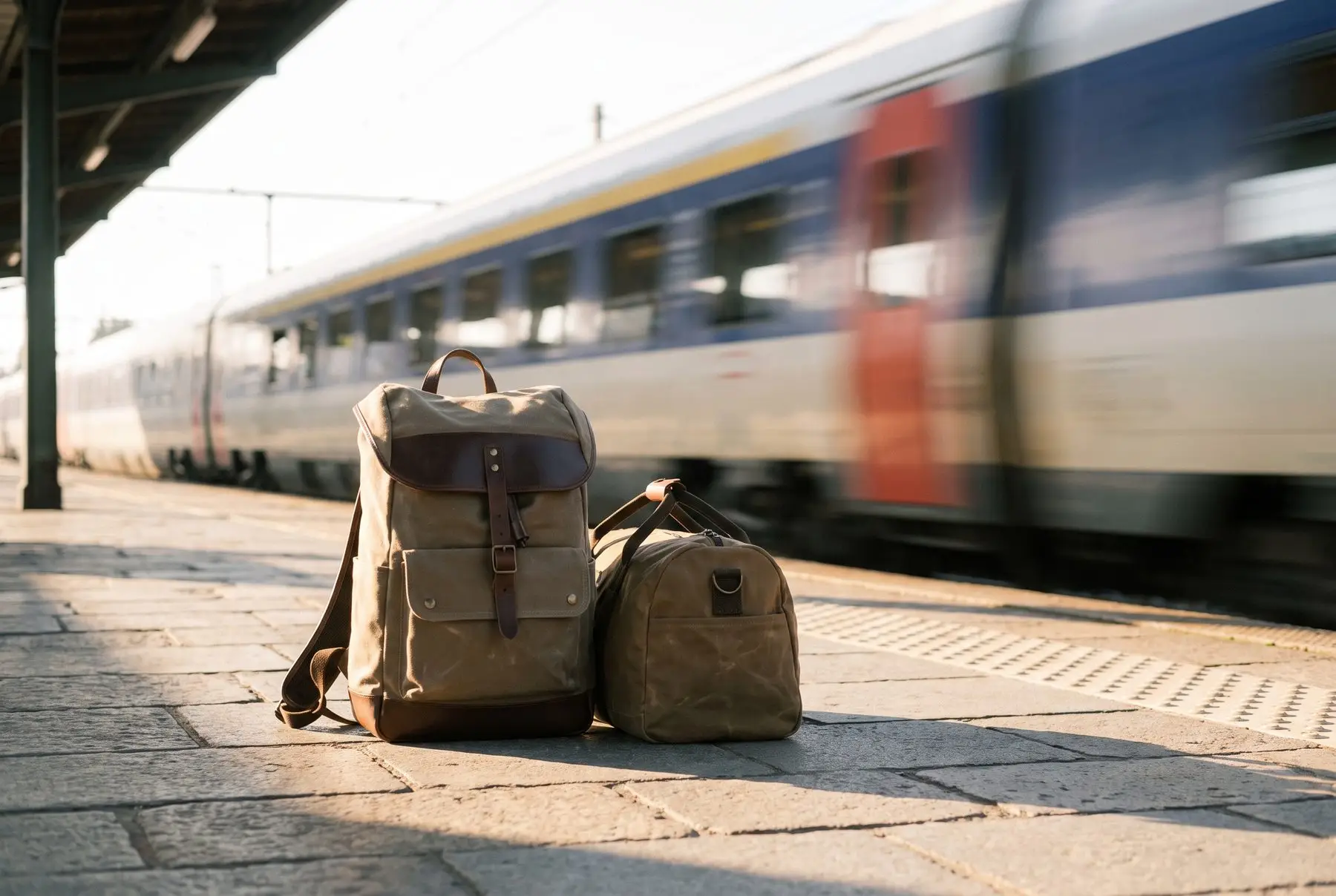 Un sac à dos souple posé sur des pavés à côté d'une paire de chaussures de marche