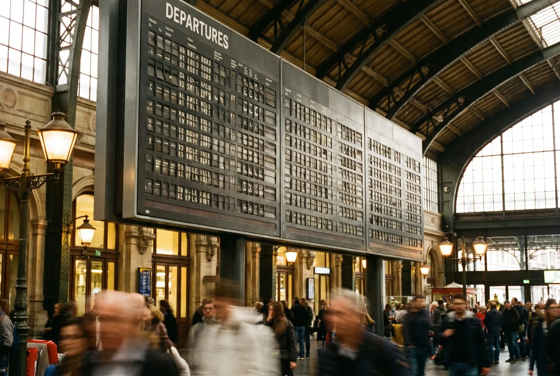 Close-up of a departure board at a small regional train station