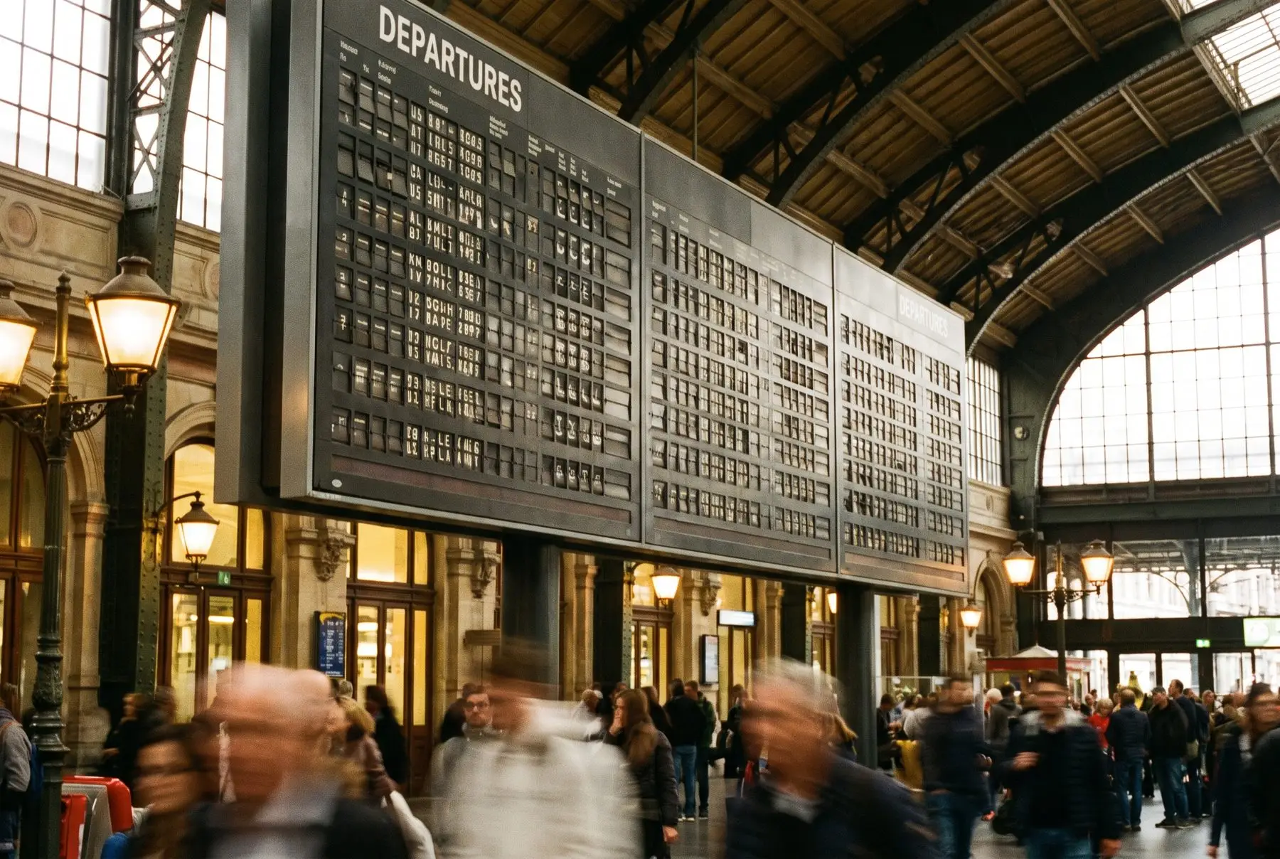 Close-up of a departure board at a small regional train station